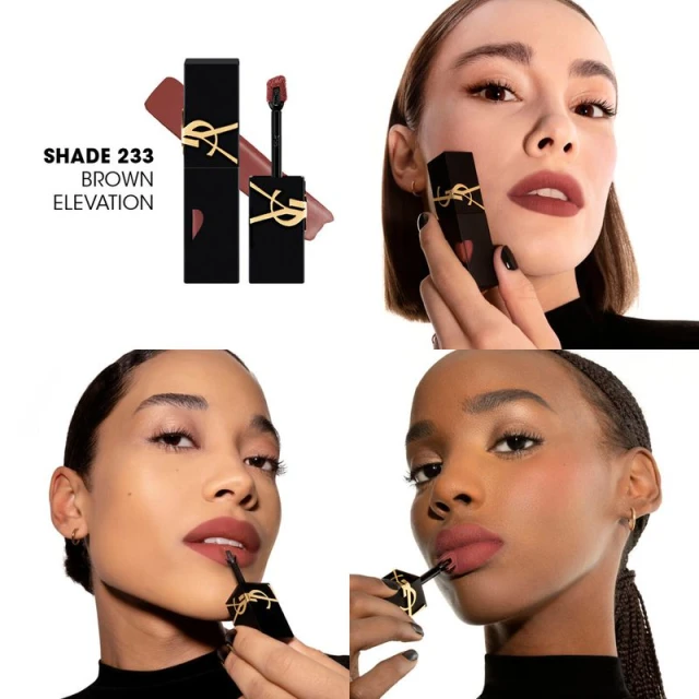 Four diverse adult females showcase YSL's Shade 233 Brown Elevation lipstick with product shots and close-up facial views against white.