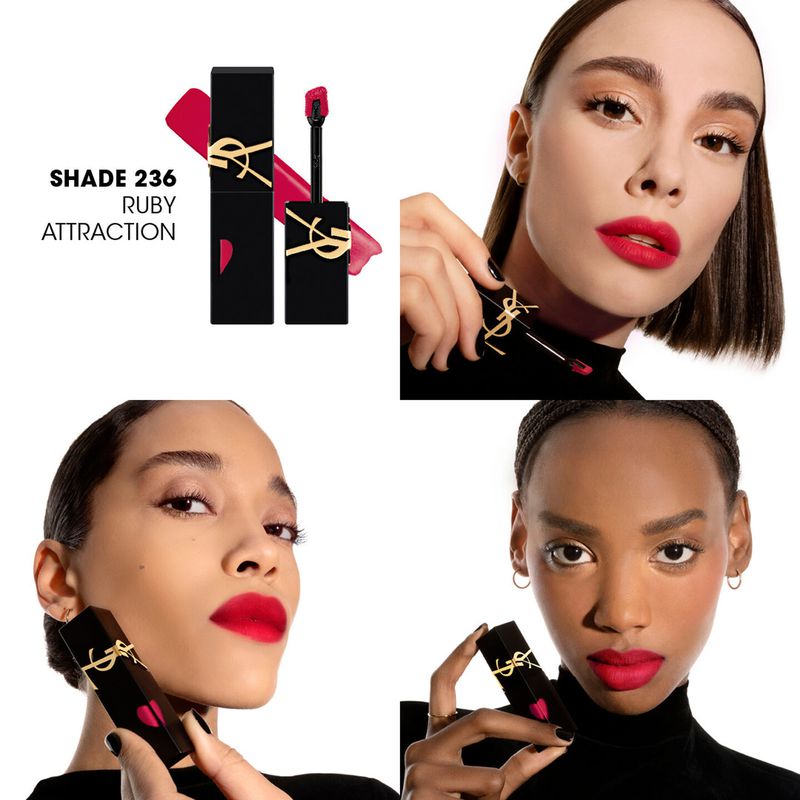 Cosmetic ad featuring three women with different skin tones showcasing YSL red lipstick and holding YSL lipstick tubes against a white background.