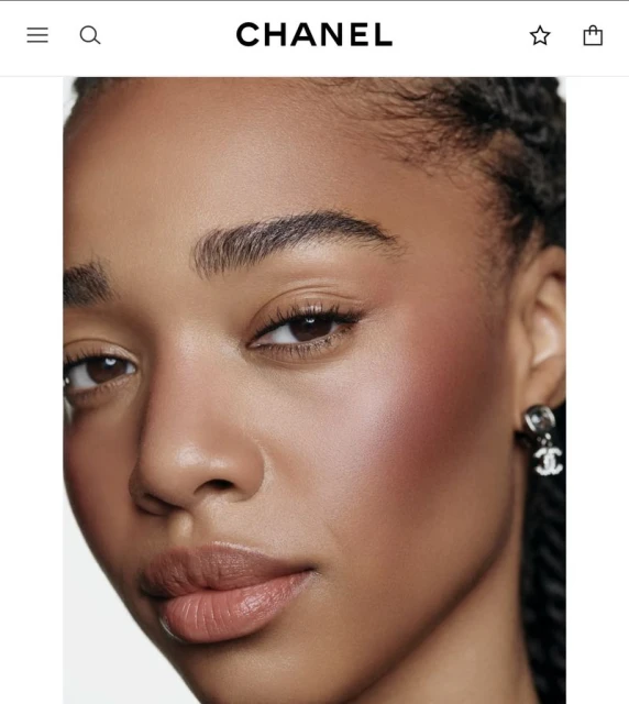 Close-up portrait of an adult female of African descent with blush makeup and braided hair posing indoors in front of a white background.