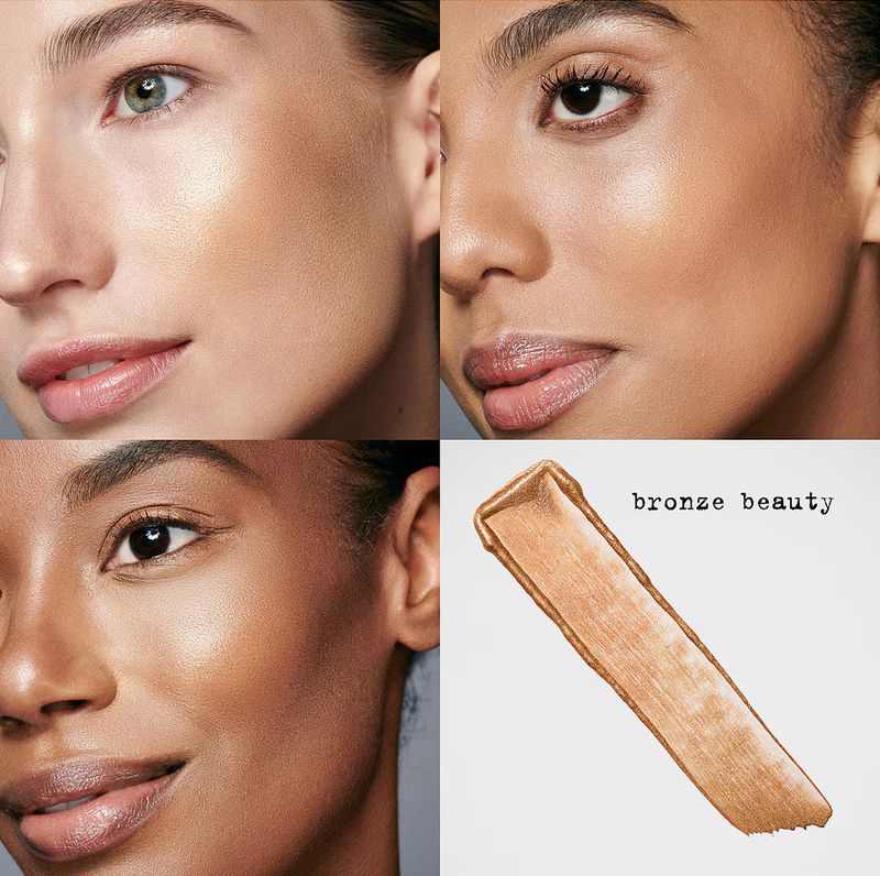 Collage of four female faces with different skin tones and bronze makeup, shown with a swatch of bronze beauty product on a neutral background.
