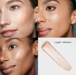 Close-up beauty portraits of three models showing highlighted cheekbones and a swatch of highlighter product labeled light catcher