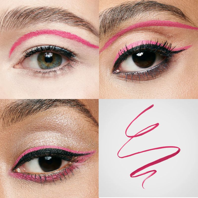 Close-up of four diverse adult female eyes showcasing pink eyeliner, makeup, and beauty product in a studio setting with soft lighting.