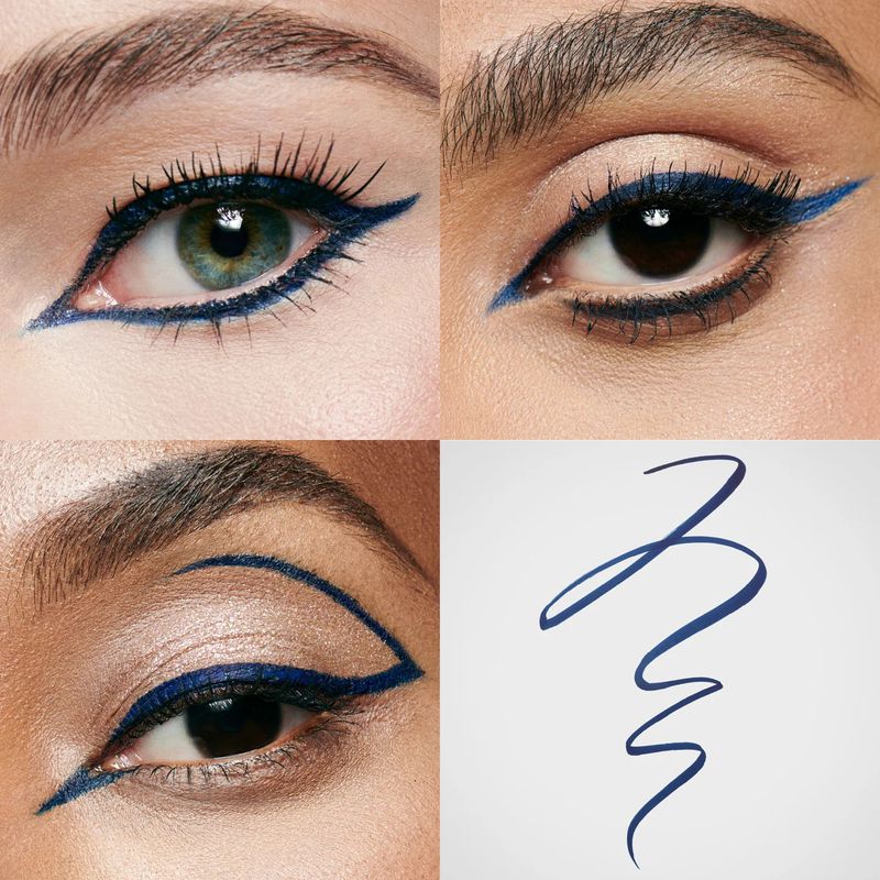 Collage of four close-up images showcasing eyes with blue eyeliner and a blue eyeliner line on a white background.