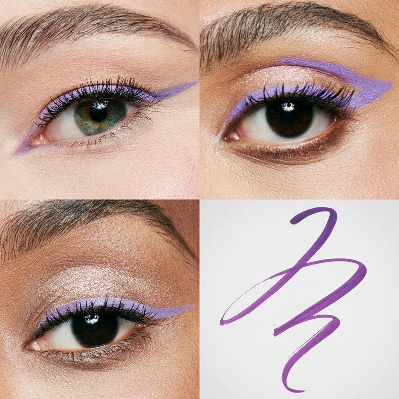Close-up collage showcasing purple eyeliner on diverse skin tones, plus swatch. Beauty concept featuring vibrant eye makeup.