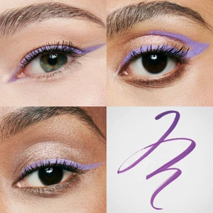 Close-up eye makeup shots showing purple winged liquid eyeliner with shimmery eyeshadow and a swatch stroke on white.