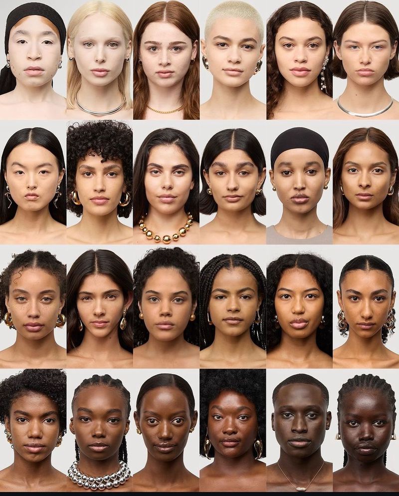 A grid of diverse women with varying skin tones, hairstyles, and jewelry, against a neutral background, showcasing beauty and fashion.