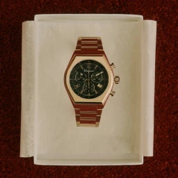 Gold-tone chronograph watch with a black dial displayed inside an open white gift box lined with tissue paper.