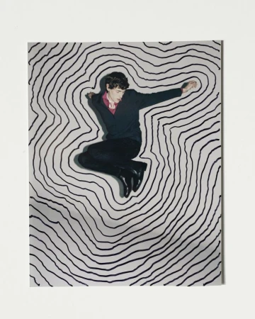 A man in mid-air wearing a sweater and dress pants poses in front of a hand-drawn black and white topographic pattern background.