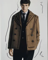Man wearing a brown double-breasted coat, blue shirt, patterned tie, and black vest against a white seamless background with hand-drawn lines