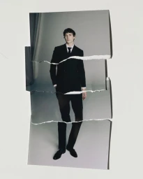 Collage of torn photo strips showing a man in a black tailored suit, white shirt, and black tie against a white background.