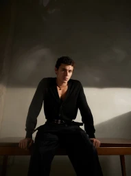 Actor Arón Piper seated on a wooden table wearing an unbuttoned black knit cardigan and dark trousers against a shadowed wall.