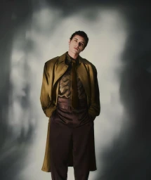 Actor Arón Piper standing in an olive green satin coat and dark high-waisted trousers against a shadowy grey studio backdrop.