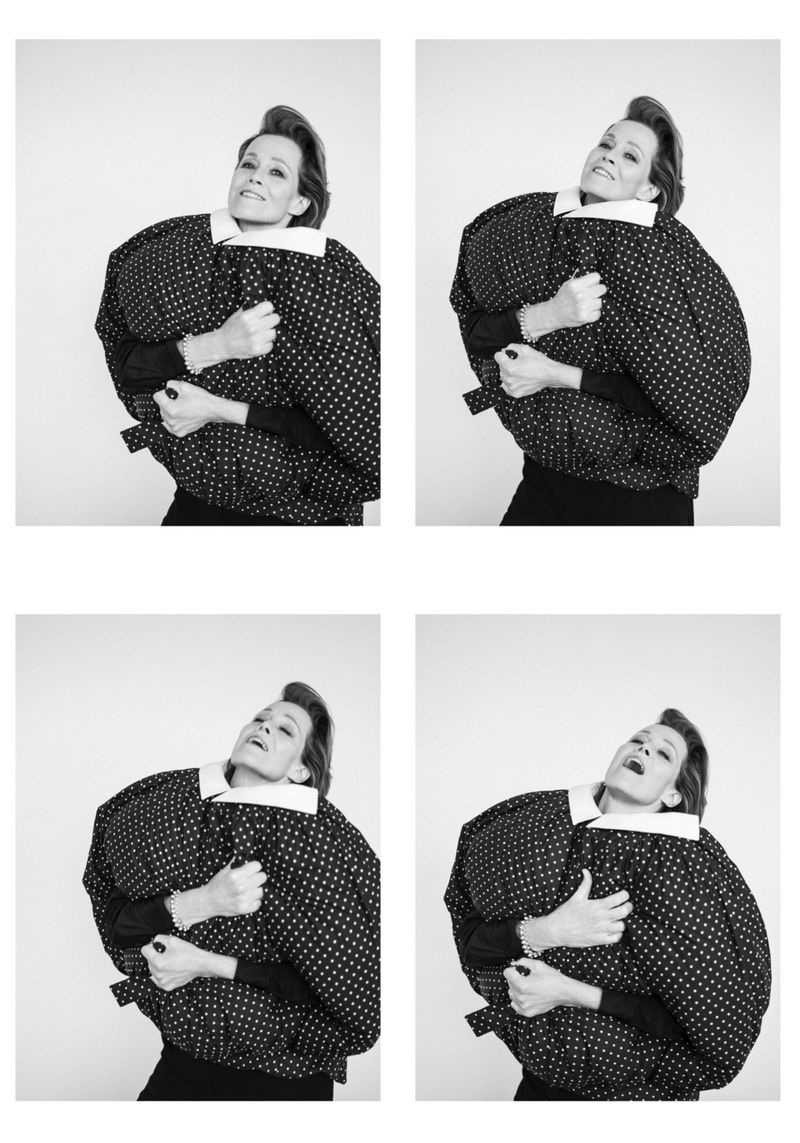 Four-panel black and white portrait of Sigourney Weaver wearing a voluminous polka-dot garment against a seamless white background.