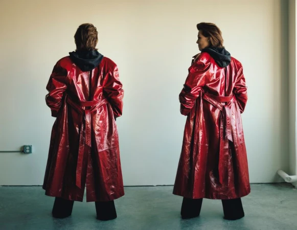 Two figures wearing shiny red belted coats with black hoodies stand against a neutral wall, one looking back at the viewer.