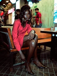 Abuk Mayen seated on a wooden chair wearing a red long-sleeve mini dress and black strappy pointed heels in a diner setting.