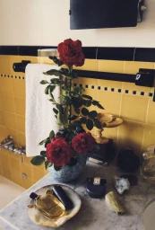 Potted red rose plant and perfume bottle on a marble bathroom vanity with yellow tiled walls in the background.