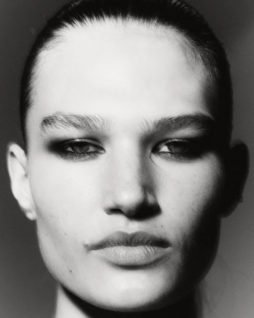 Close-up black and white portrait of a woman with sleek hair and strong makeup, focusing on her face and features in a neutral setting.