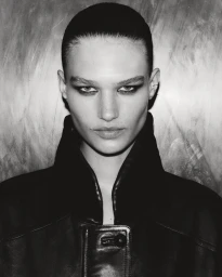 Black and white close-up portrait of model Emmi Freeman wearing a high-collar black leather jacket with slicked-back hair.