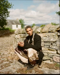 Model Filip Roseen crouching beside a rustic dry stone wall in a rural landscape, wearing a black knit cardigan and beige trousers.