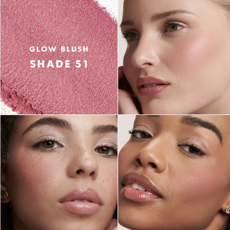 Beauty ad with four diverse women showcasing pink blush on their cheeks, alongside the product and shade name.