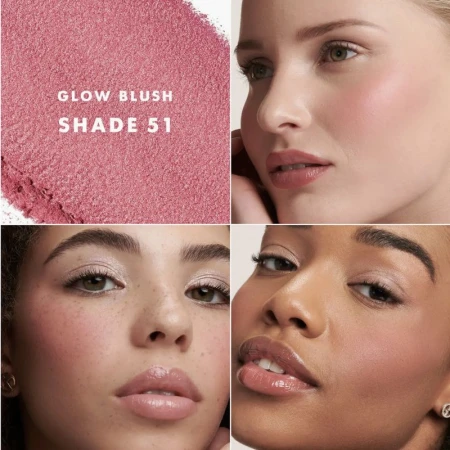 Beauty ad with four diverse women showcasing pink blush on their cheeks, alongside the product and shade name.