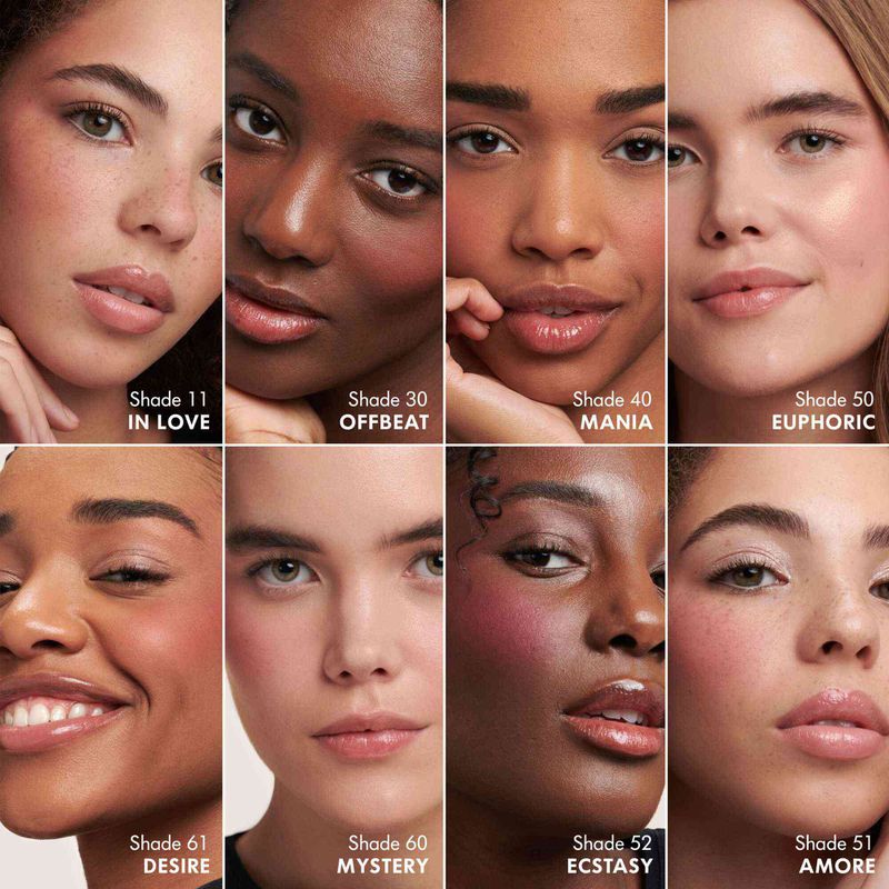 Collage of eight diverse women's faces with blush, showcasing a range of makeup shades in a beauty and cosmetics advertisement.