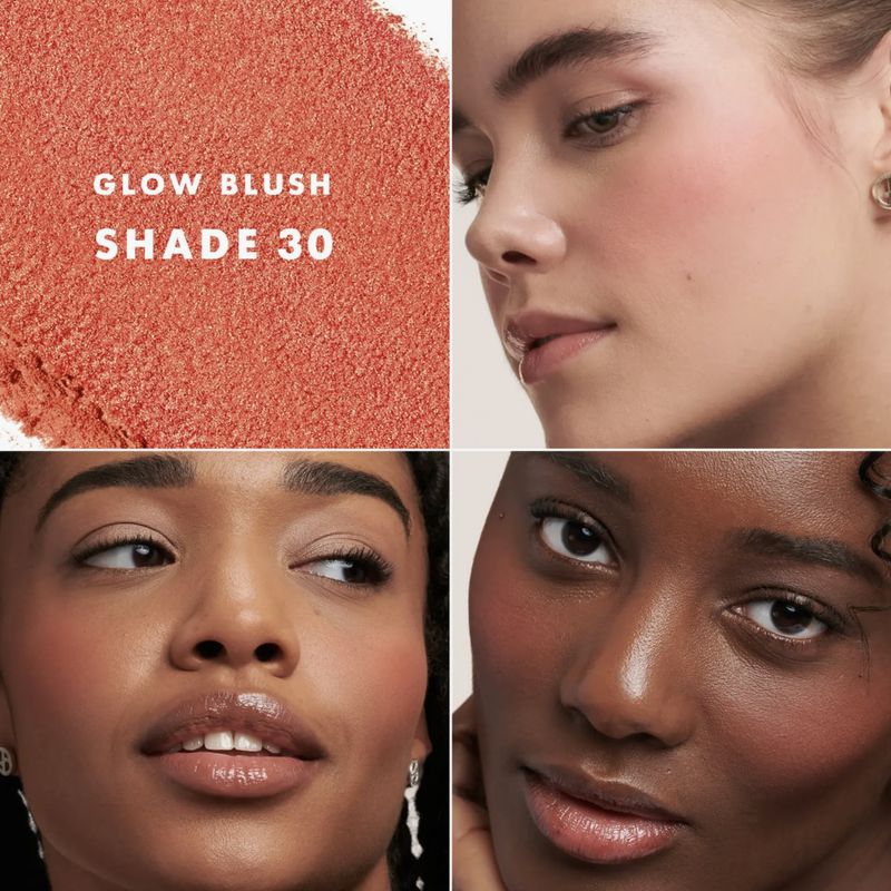 Close-up collage showcases beauty product and smiling women with fair and dark skin tones, highlighting the product's use as blush.