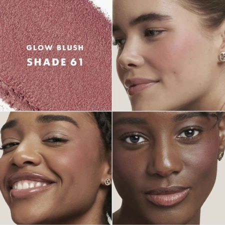 Beauty shot featuring three women with diverse skin tones showcasing blush, alongside a swatch of the blush product. Makeup focus.