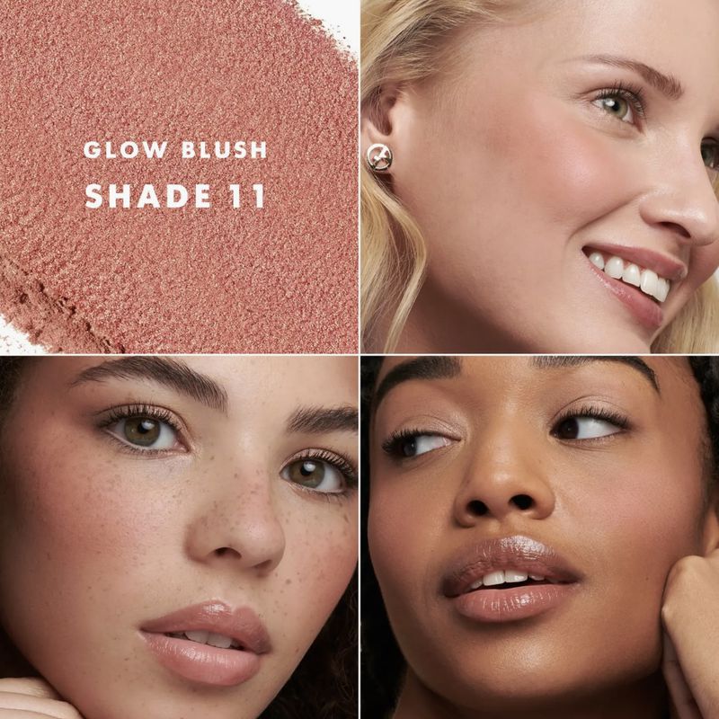 Close-up beauty shot features four diverse adult women, skin glowing with blush makeup, next to product and text “Glow Blush Shade 11.”