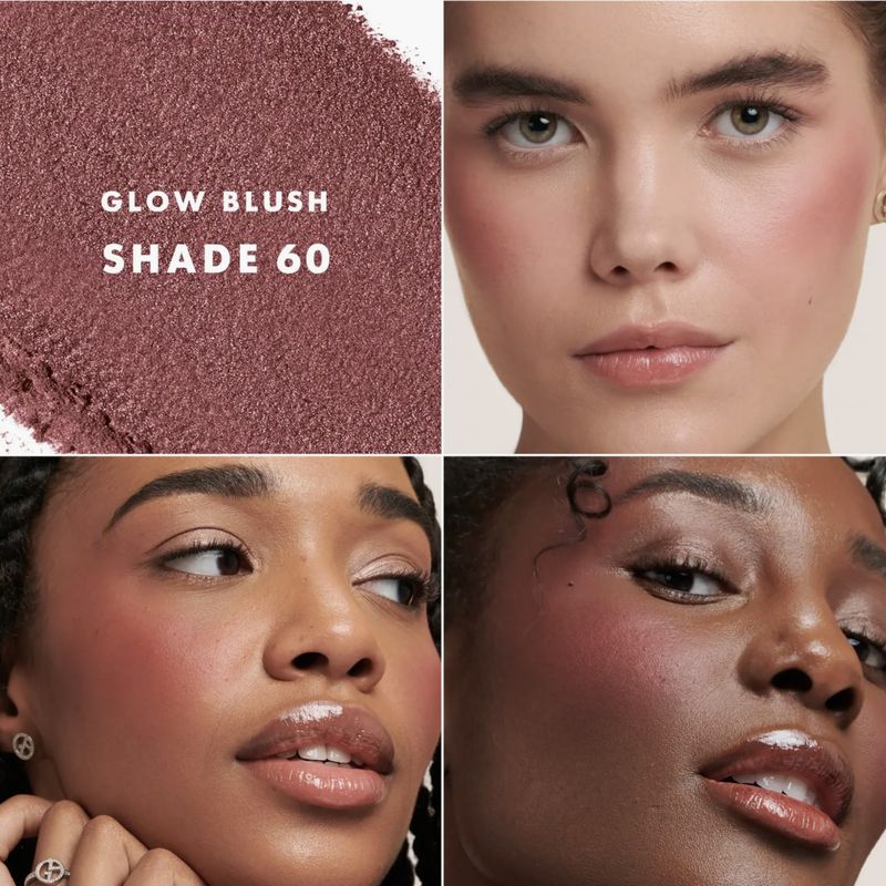 Four images showcase a pink blush makeup product on fair and dark-skinned female faces and the blush powder.