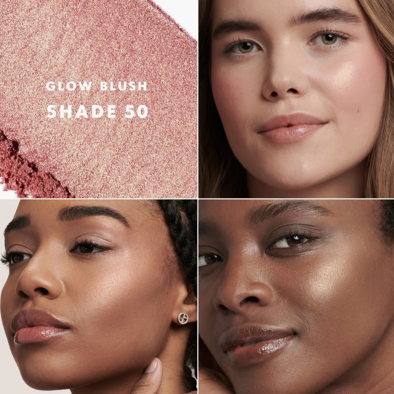 Multi-tone blush shade promotion. Glow blush shade 50 is shown on fair, tan, and dark skin tones in a collage format.