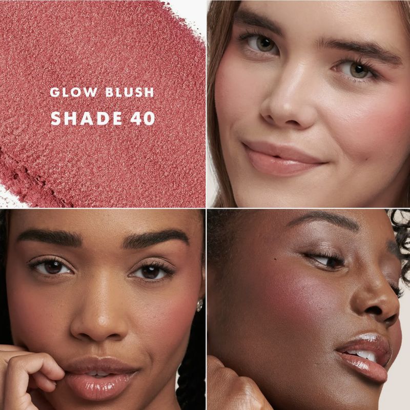 Close-up montage showcasing three diverse women with a natural makeup look and a soft pink blush product swatch on a white background.