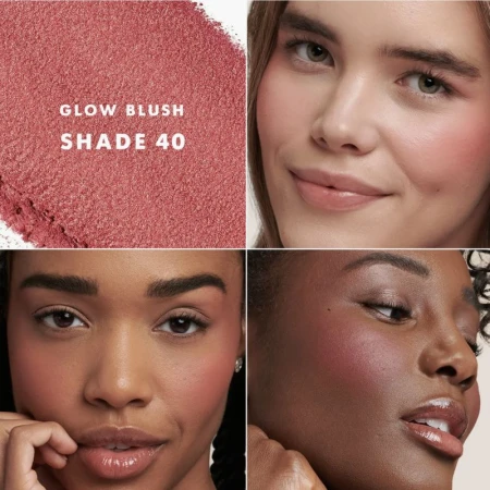 Close-up montage showcasing three diverse women with a natural makeup look and a soft pink blush product swatch on a white background.