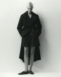 Model in a black coat and shorts standing against a textured backdrop for A.Emery Resort Campaign 25