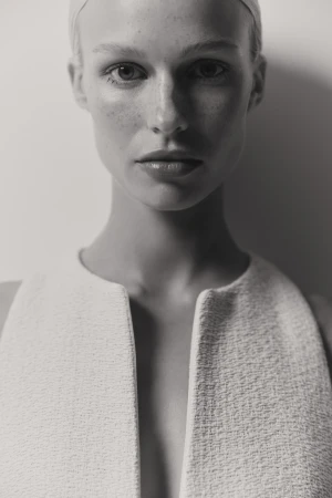 Close-up portrait of a female model wearing a textured white sleeveless top against a plain light wall.