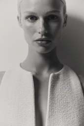 Close-up portrait of a female model wearing a textured white sleeveless top against a plain light wall.