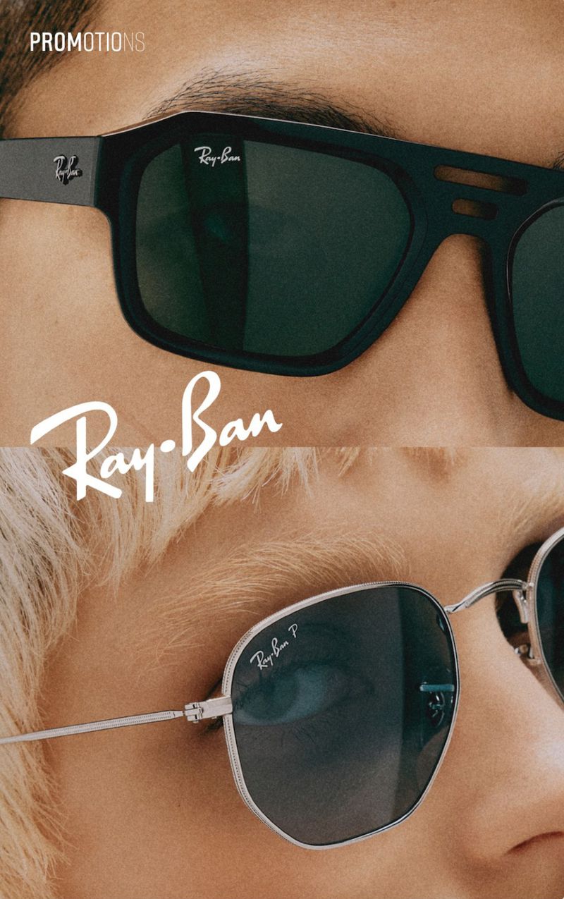 Close-up of two fashionable Ray-Ban sunglasses. One is a black rectangular design, and the other is a silver octagonal frame.