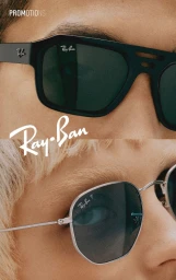 Close-up split image showing two models wearing Ray-Ban sunglasses with dark frames and tinted lenses.