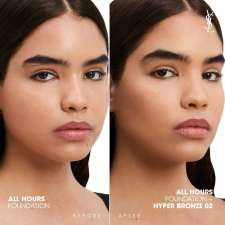 Beauty ad: Two panels display a woman's face, before and after makeup application with YSL All Hours Foundation and Hyper Bronze 02.