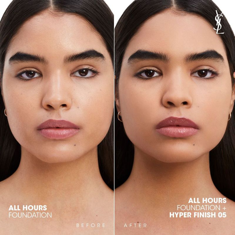 Beauty shot: Young woman's before-and-after face makeup application. Foundation and hyper finish cosmetic product shown in indoor studio.