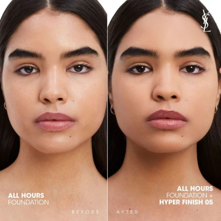 Beauty shot: Young woman's before-and-after face makeup application. Foundation and hyper finish cosmetic product shown in indoor studio.
