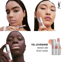 Three close-up portraits of diverse models holding YSL Loveshine lipstick against a white background