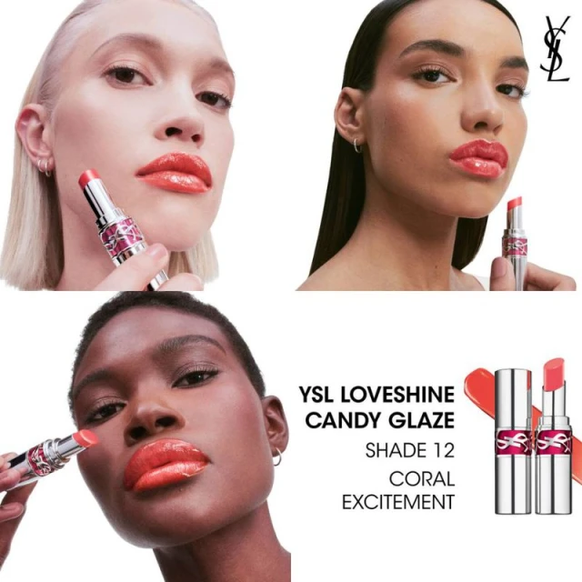 Three diverse models apply YSL Loveshine Candy Glaze coral lipstick in a close-up studio shot on a white background, showcasing glossy lips.