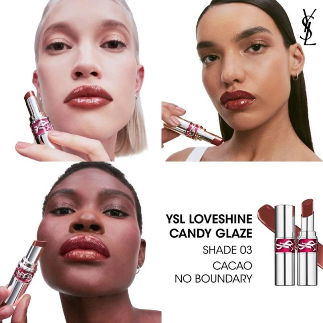 Three models showcase YSL Loveshine Candy Glaze lipstick in collage. Close-ups of faces with glossy lips highlight the makeup's effect.