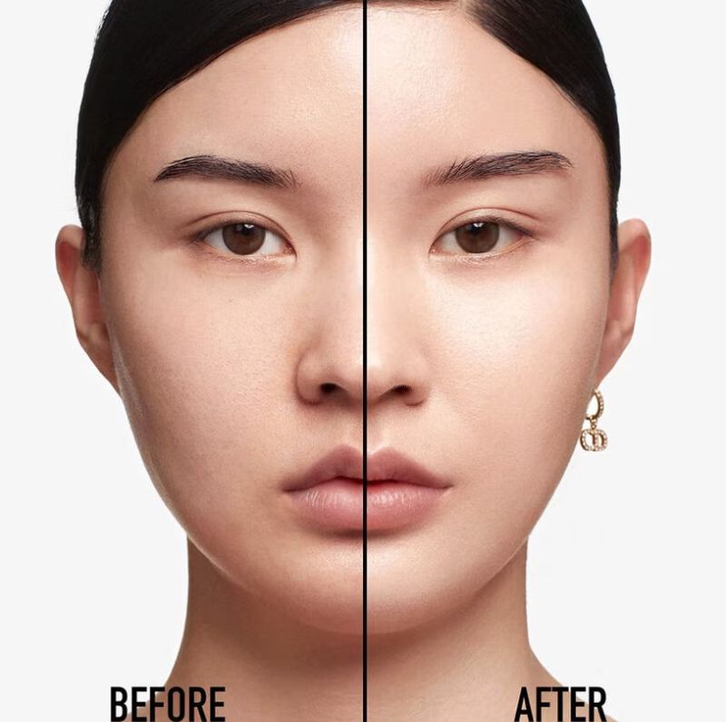 Close-up studio shot comparing a young Asian woman's face with and without makeup, showcasing before and after beauty transformation.