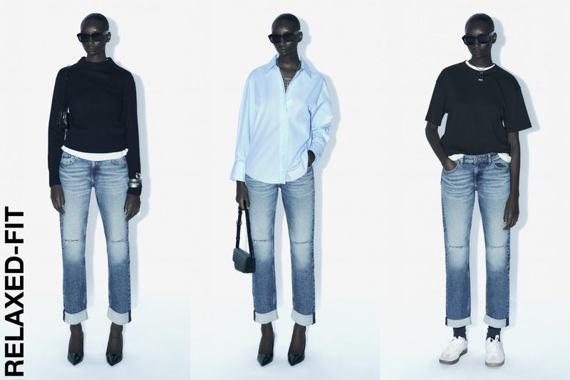 Three models showcasing fashion: light blue jeans with cuffed hems paired with various tops on a clean white backdrop in a studio setting.