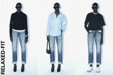 Model wearing relaxed fit denim jeans, sunglasses, and varied tops against a plain white background for Zara