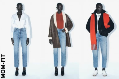Three full-length poses of a black model wearing blue jeans, styled with different tops against a seamless white background.