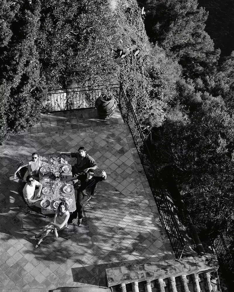 Aerial shot of six adults gathered around a table on a terrace lined with greenery and foliage on a sunny day, black and white.