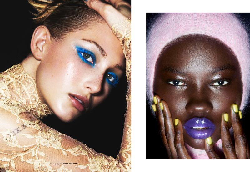 Two beauty shots featuring women with dramatic makeup. One woman has bright blue eyeshadow and the other has purple lips and yellow nails.